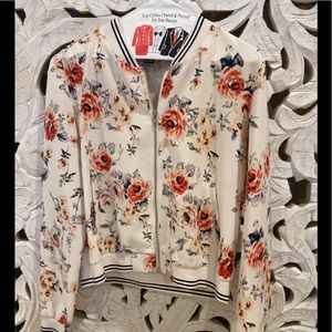 Flowered bomber jacket with athletic stripes